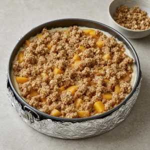 Cinnamon oat crumble scattered over the peaches