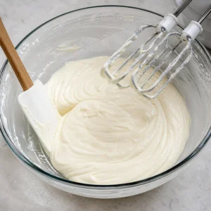 Cream cheese filling mixed until smooth before adding eggs