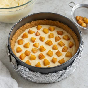 Drained peaches scattered over the first filling layer