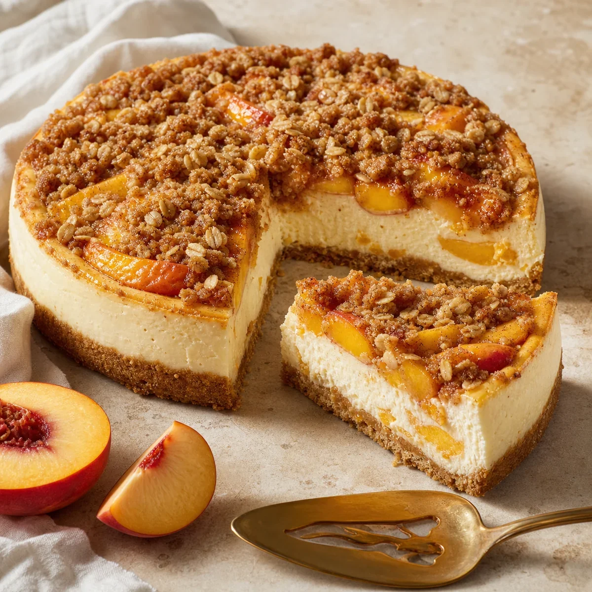 Peach cobbler cheesecake with cinnamon crumble and a slice removed