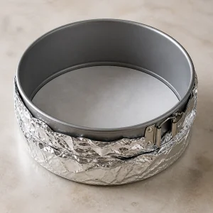 Springform pan lined with parchment and wrapped in foil