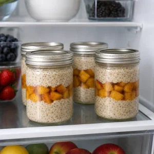 Covered jars of peach overnight oats chilling in the refrigerator