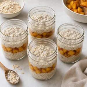 Creamy oats and cinnamon peaches layered in four glass jars