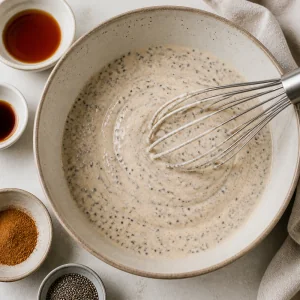 Creamy yogurt mixture with chia seeds being whisked in a bowl