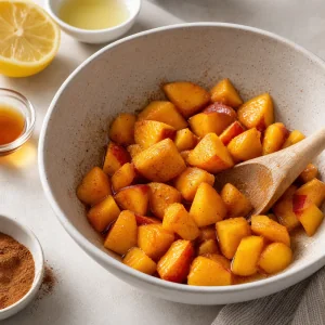 Diced peaches coated with lemon juice, maple syrup, and cinnamon