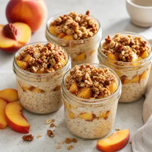 Avena nocturna de durazno en frascos con duraznos y crumble