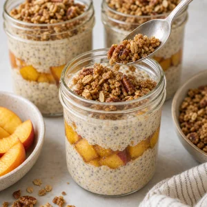 Oat-pecan crumble being sprinkled over peach overnight oats