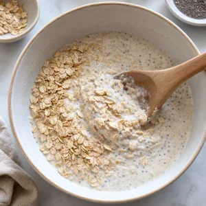 Rolled oats being stirred into the creamy chia mixture