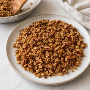 Toasted oat and pecan crumble cooling on a plate