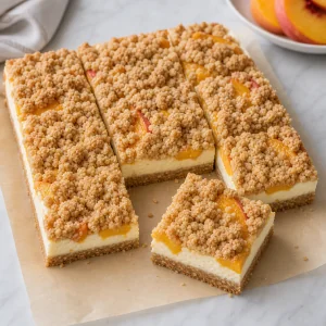 Chilled peach crumb cheesecake bars sliced on parchment