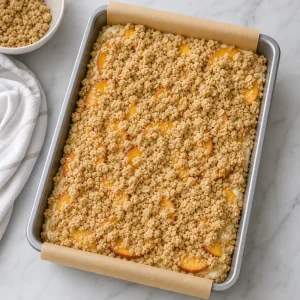 Crumb topping scattered over the peach cheesecake layer