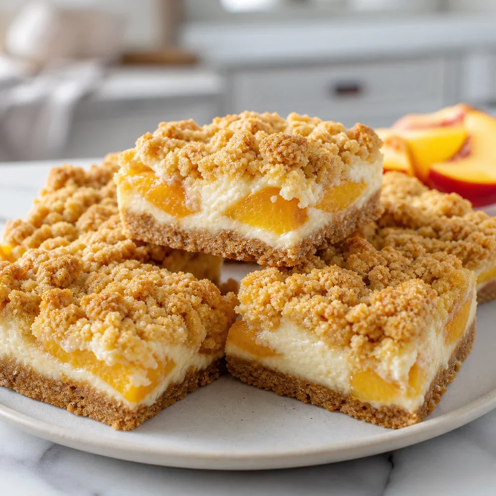 Finished peach crumb cheesecake bars on a plate