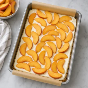 Peach slices arranged over cheesecake filling