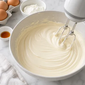 Smooth cheesecake filling being mixed
