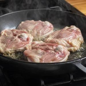 Chicken thighs searing skin-side down in a skillet