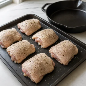 Dry seasoned chicken thighs ready for the skillet
