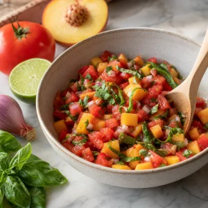 Fresh tomato-peach basil salsa in a bowl
