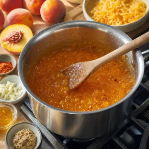 Glossy fresh peach glaze simmering in a saucepan