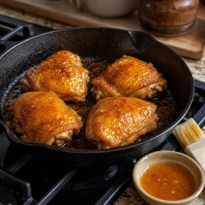 Golden chicken thighs brushed with peach glaze