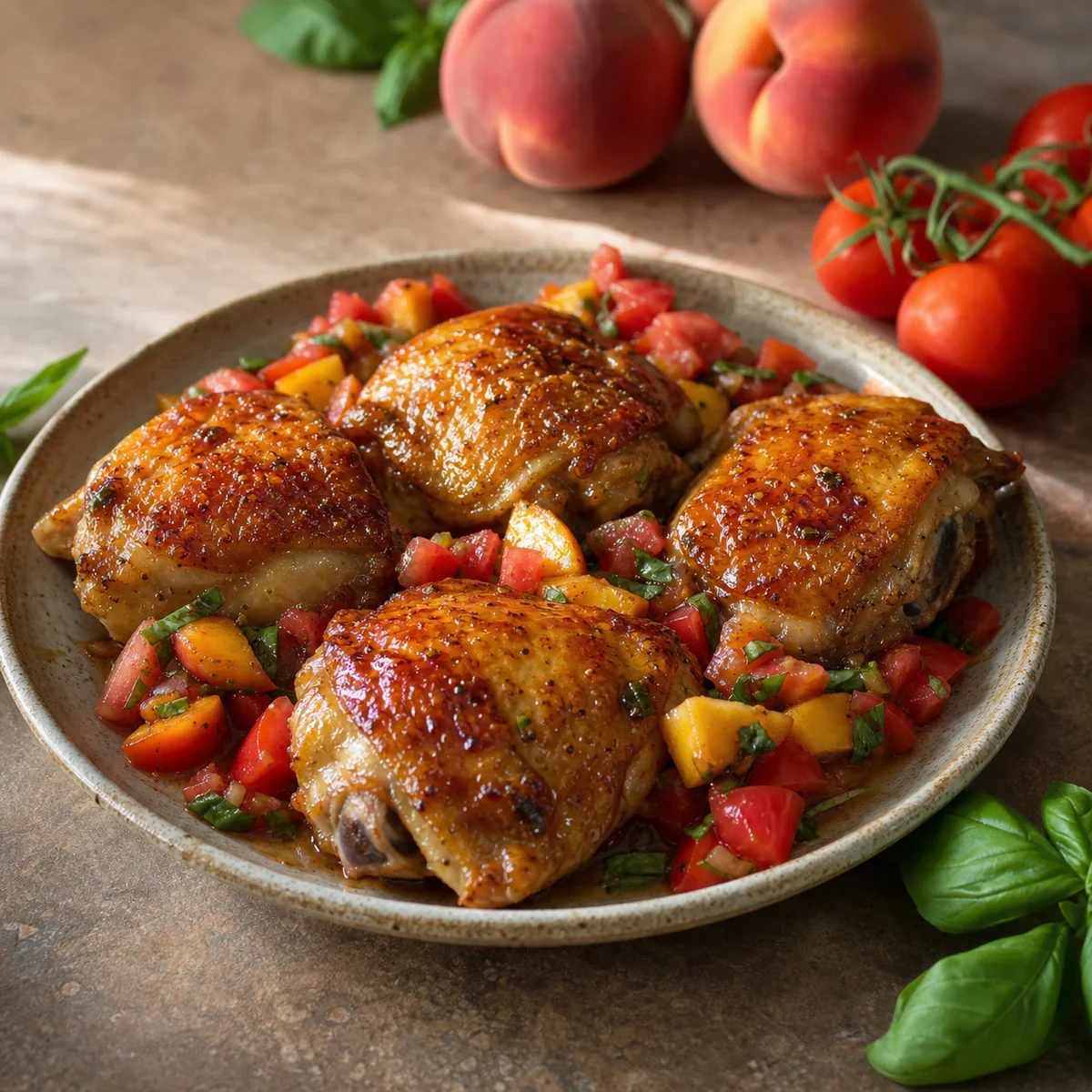 Peach-glazed chicken thighs with tomato-peach salsa