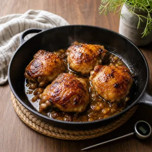 Roasted glazed chicken thighs resting in the skillet
