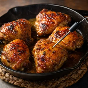Thermometer checking roasted peach-glazed chicken