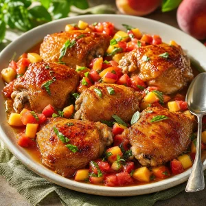 Tomato-peach salsa spooned around glazed chicken