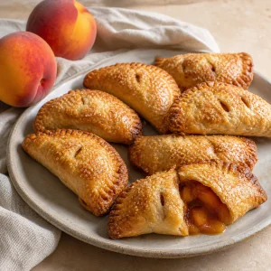 Pastéis dourados com açúcar crocante e recheio de pêssego