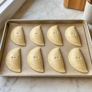 Pastéis crus de pêssego com cortes e açúcar grosso no tabuleiro