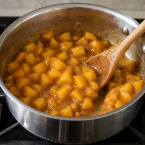 Recheio espesso e brilhante de pêssego a cozinhar