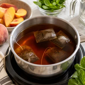 Black tea bags steeping in amber tea