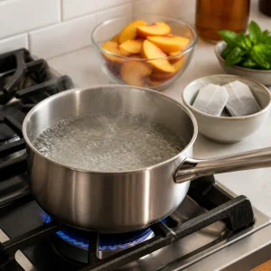 Boiling water in a saucepan for tea
