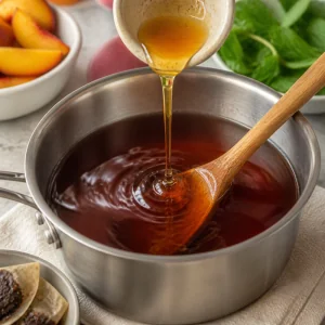 Honey being stirred into hot black tea