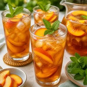 Peach iced tea served over ice with mint