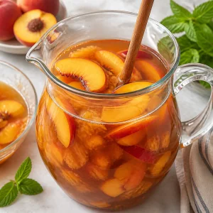 Peach pieces stirred into a pitcher of tea