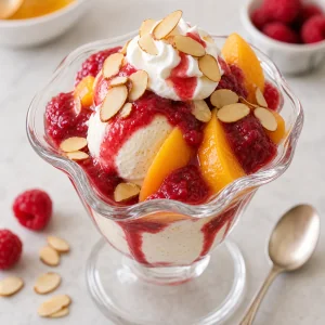 Finished Peach Melba sundae topped with peaches, raspberry sauce, almonds, and whipped cream