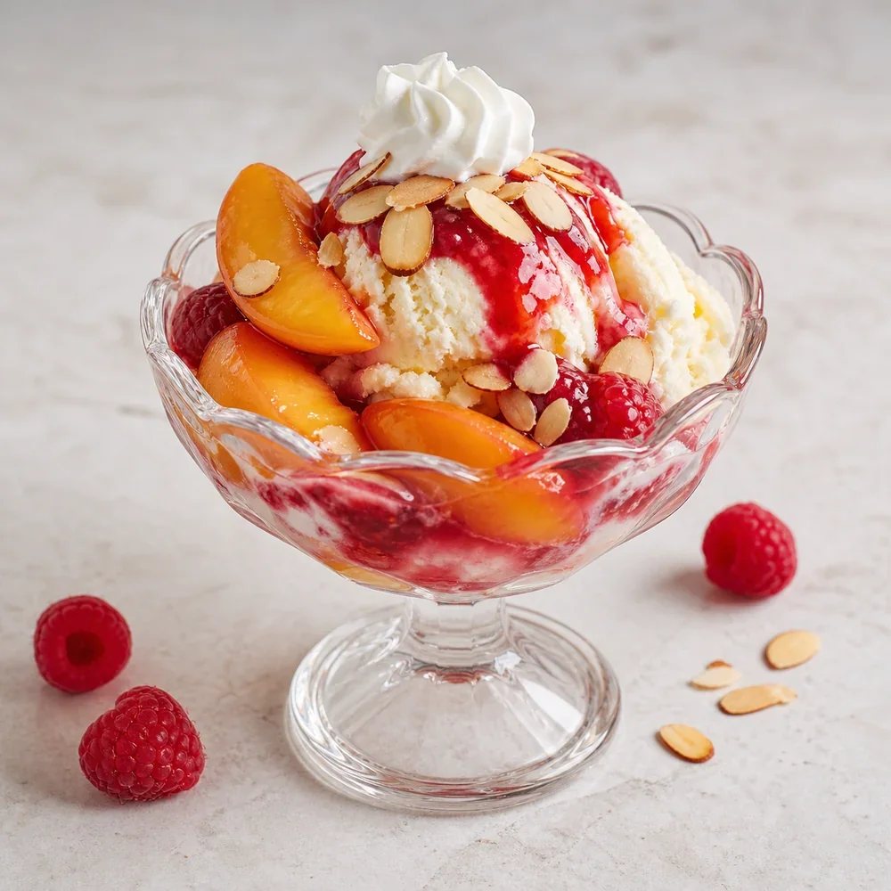 Peach Melba sundae with peaches, raspberry sauce, almonds, and whipped cream