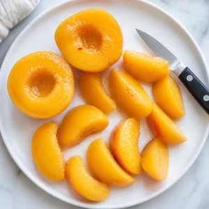 Poached peaches cooling and sliced into thick wedges