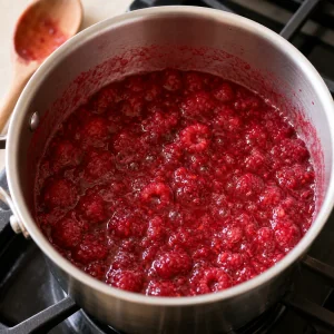 Raspberries simmering into a bright red sauce