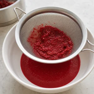 Raspberry sauce strained through a fine-mesh sieve