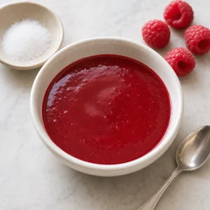 Smooth raspberry sauce cooling in a bowl