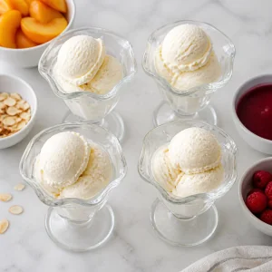 Vanilla ice cream scoops divided among four sundae glasses