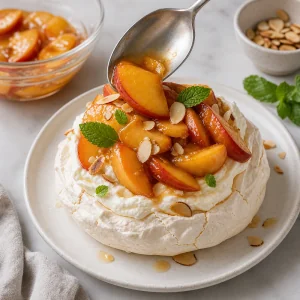 A pavlova filled with whipped cream and topped with peaches, almonds, and mint