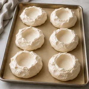 Baked pavlova shells cooling on parchment after low baking