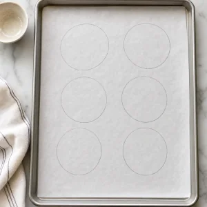 Baking sheet lined with parchment marked with six circles