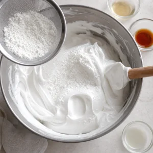 Cornstarch being sifted over meringue with a spatula in the bowl