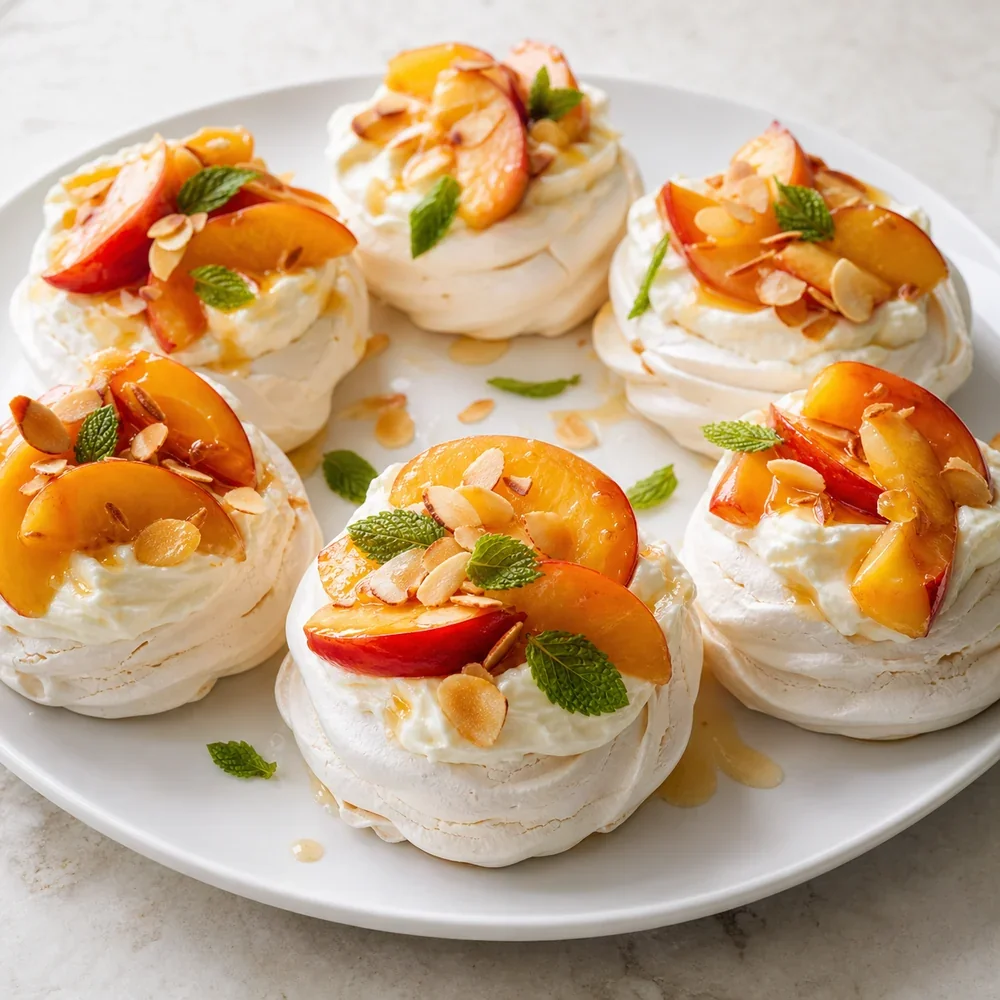 Finished peach pavlovas with whipped cream, sliced peaches, almonds, and mint