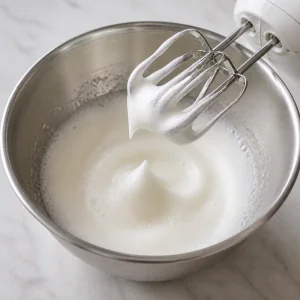 Foamy egg whites in a mixing bowl with soft peaks on the beaters