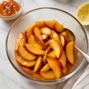 Glossy sliced peaches macerating in a bowl with lemon and peach jam