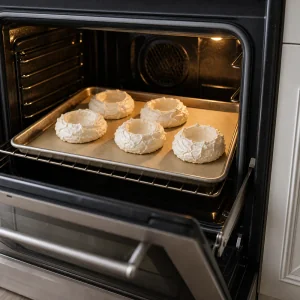Pavlova shells cooling on a baking sheet inside an open oven
